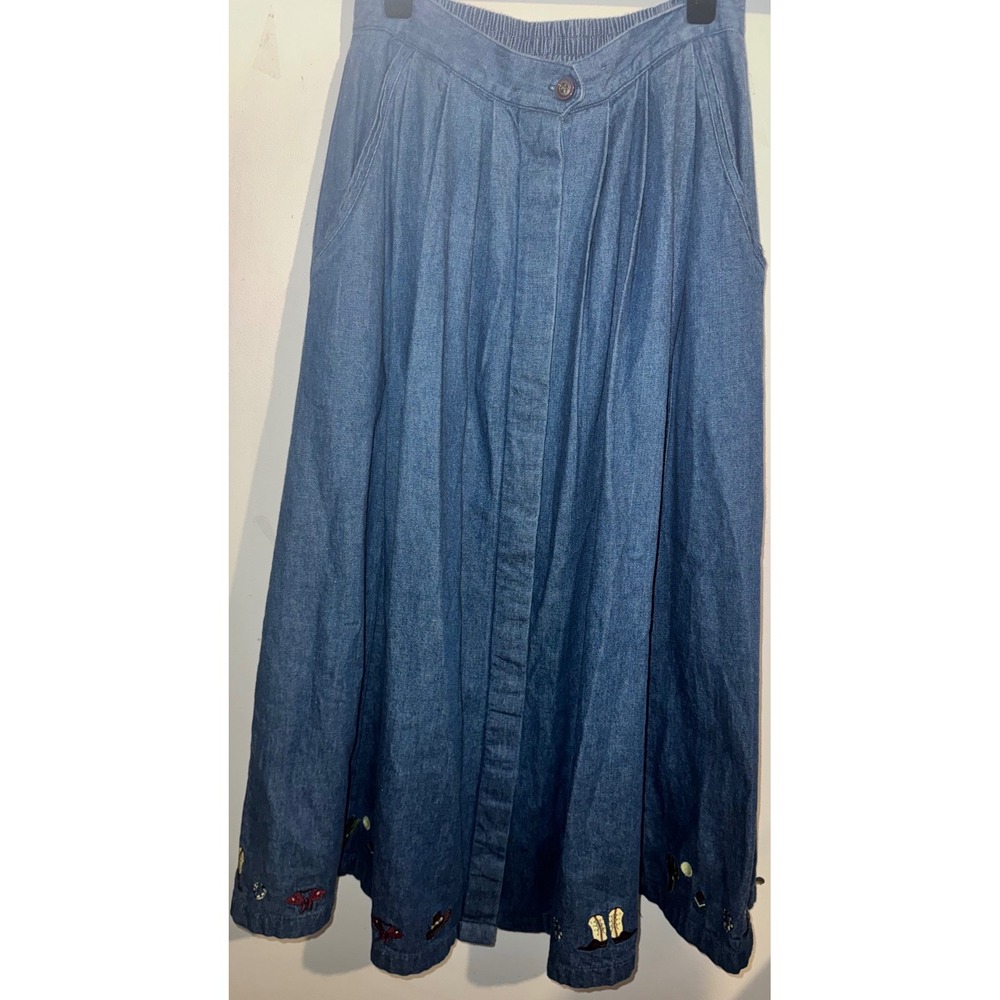 Vtg Eagles Eye Western Embroidered Denim Midi Skirt Button Front Cowboy Boot - Picture 1 of 10